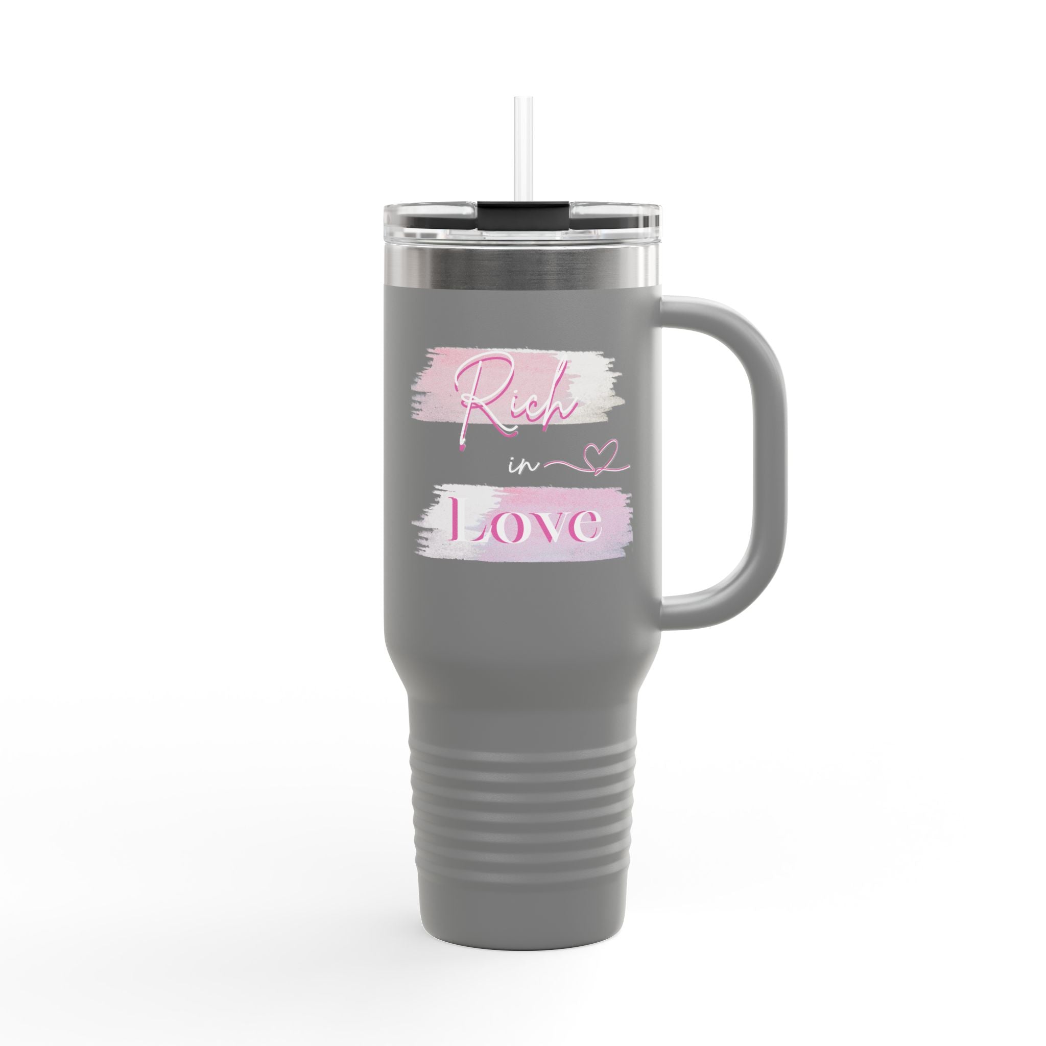 40oz Insulated Travel Mug — "Rich in Love" Pink Brush Stroke Design