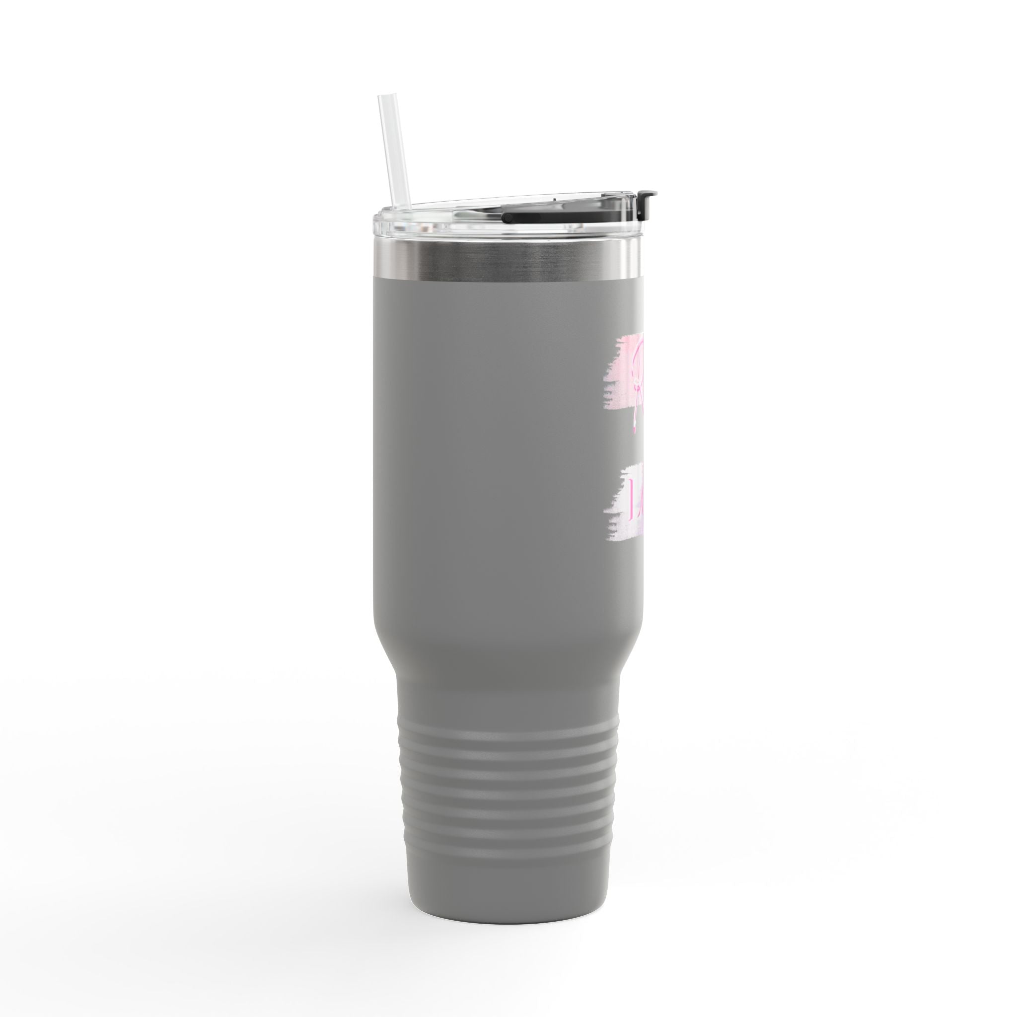 40oz Insulated Travel Mug — "Rich in Love" Pink Brush Stroke Design