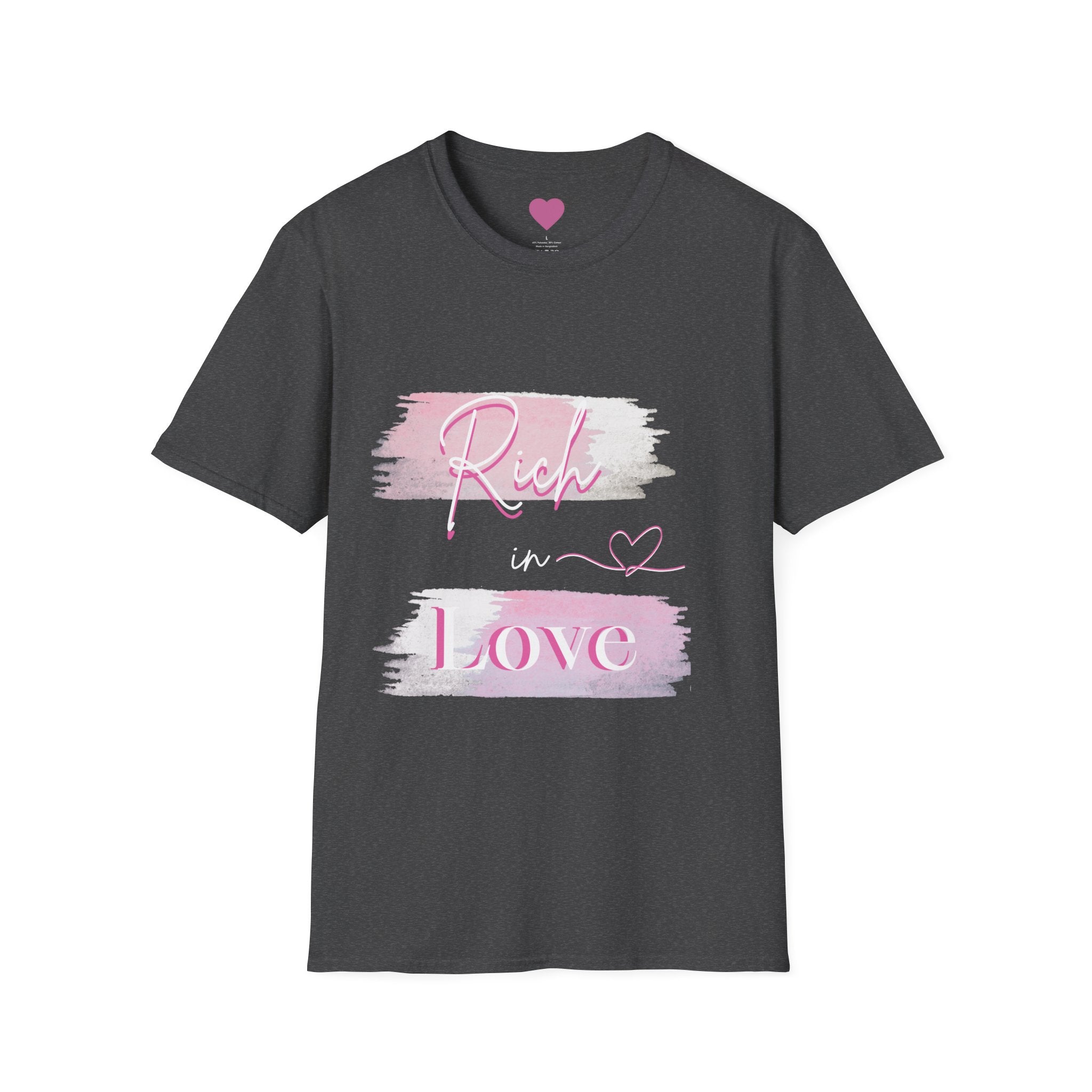 Rich in Love T-Shirt — Pink Brushstroke Heart Graphic Tee for Women & Girls