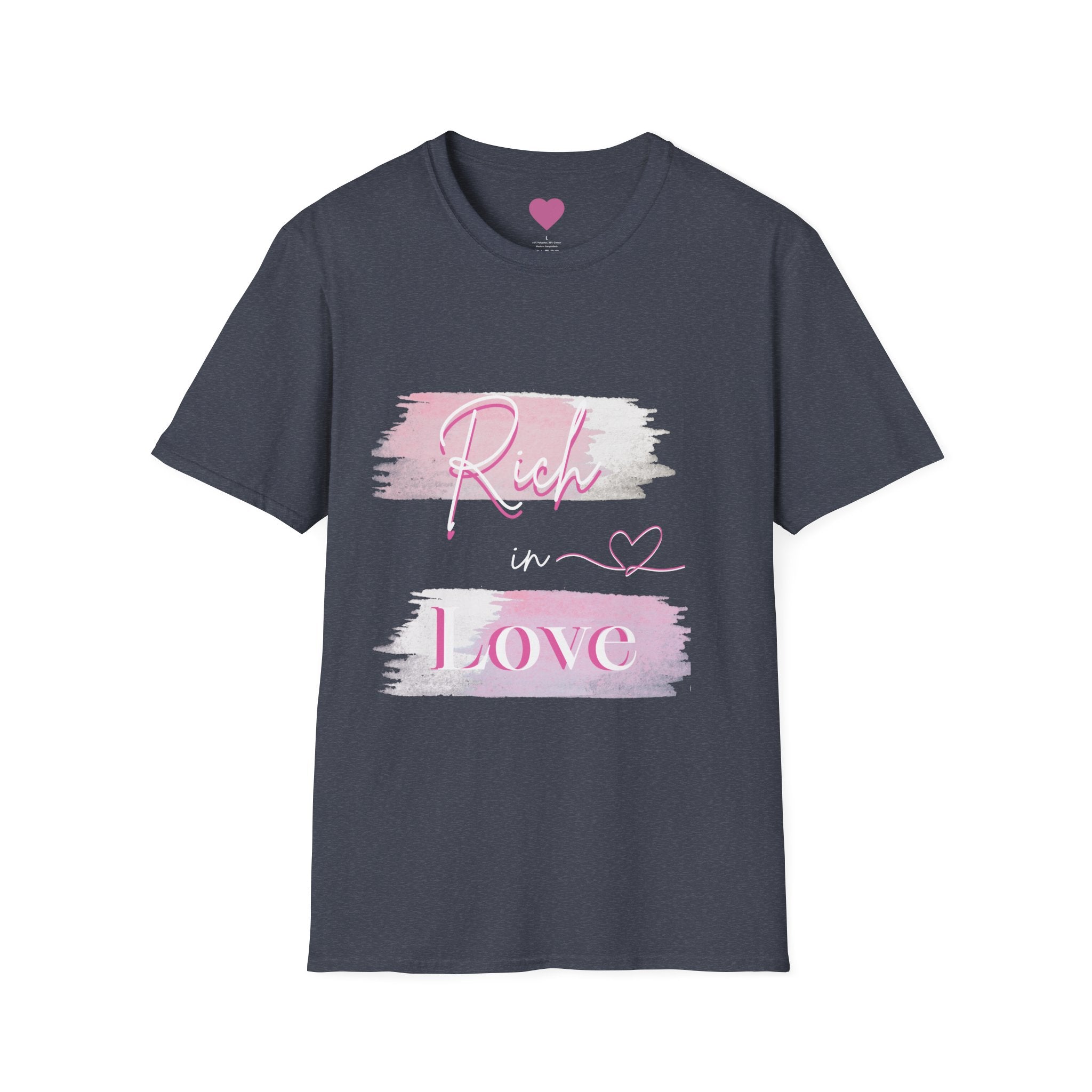 Rich in Love T-Shirt — Pink Brushstroke Heart Graphic Tee for Women & Girls