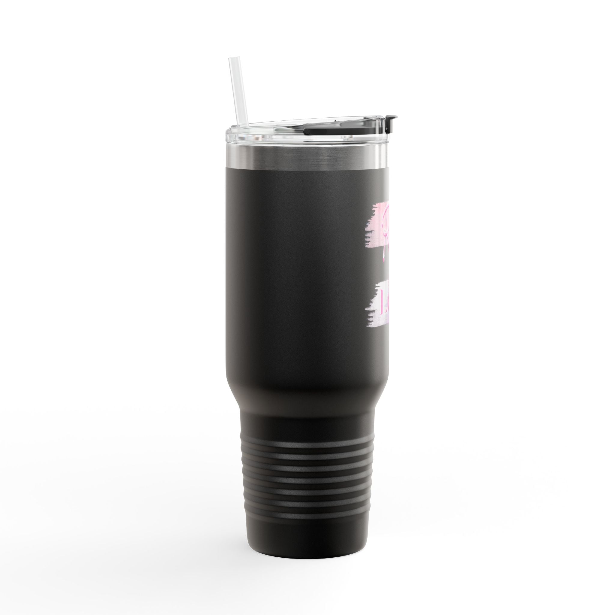40oz Insulated Travel Mug — "Rich in Love" Pink Brush Stroke Design